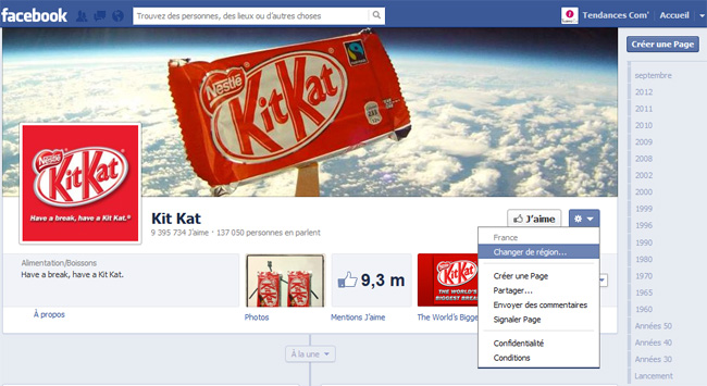 Page fan facebook Kit Kat changer région
